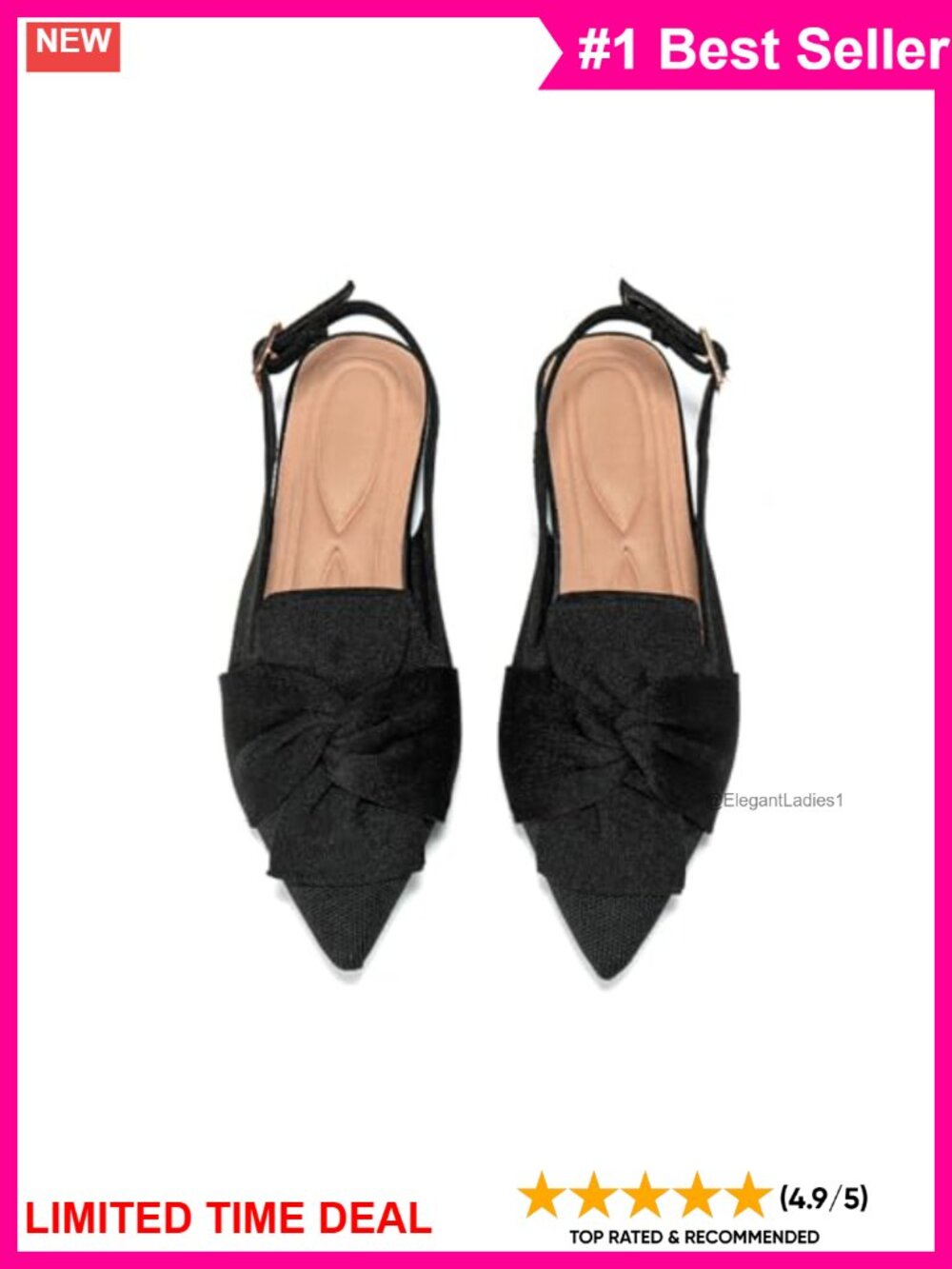 Knit Pointed Toe Flats Buckle Ankle Strap Slingback Bow Accent Lightweight